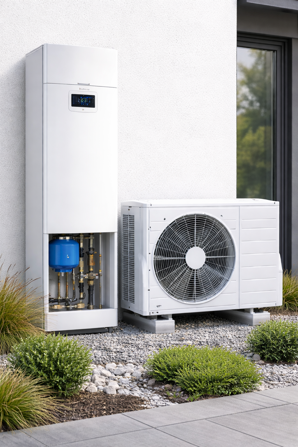 Modern heat pump installation outside a home